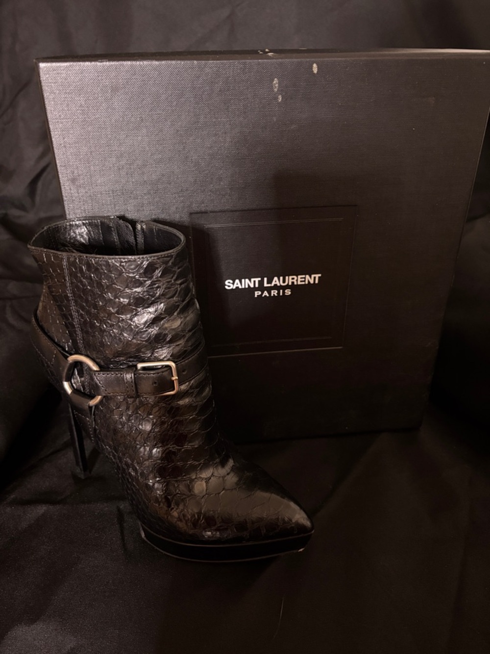 Saint Laurent Black Python-Effect Ankle Boot with Buckle